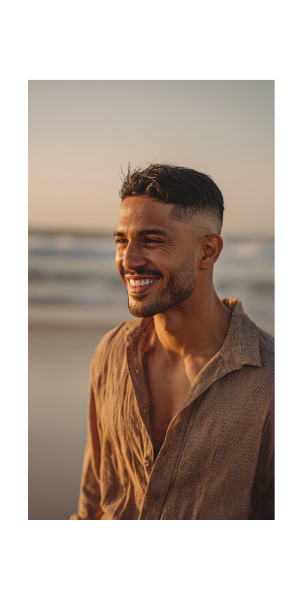 A man smiles while standing on the beach at sunset, symbolizing the hope found through online counseling in California.
