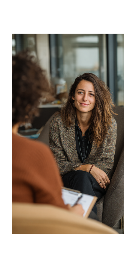 A woman sits comfortably and smiles while speaking with a counselor, representing online counseling in California.
