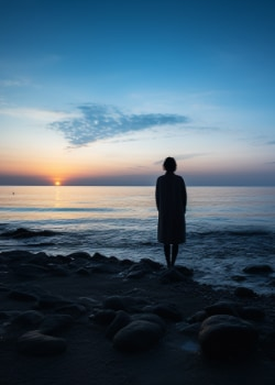 Silhouette of a person standing by the ocean at sunrise, symbolizing reflection and hope found in court ordered counseling.