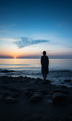 Silhouette of a person standing by the ocean at sunrise, symbolizing reflection and hope found in court ordered counseling.