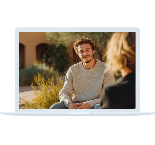 Young man smiling during an online video session, illustrating support and connection through court ordered counseling.