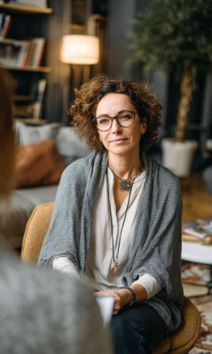 A female therapist listens attentively during a counseling session, representing individual therapy support.