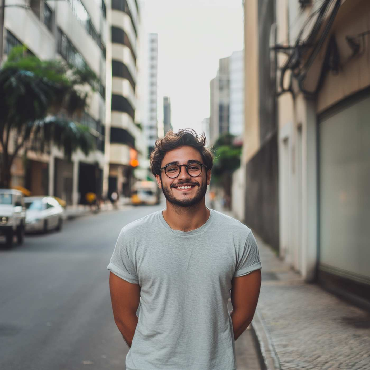 Smiling man standing in the city street, representing hope through online alcohol addiction treatment.