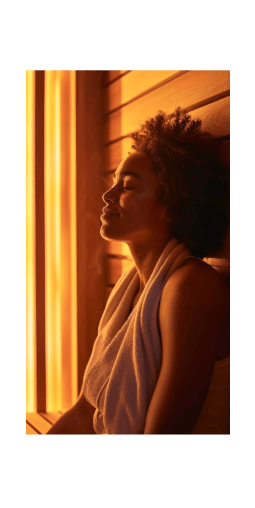 Woman relaxing in a sauna with calm expression, showing relief similar to benefits of online anxiety counseling.