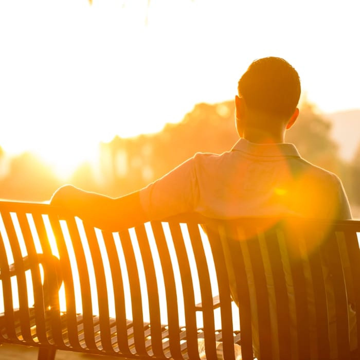 A man sitting on a bench in bright sunlight, reflecting calmly — online depression counseling.