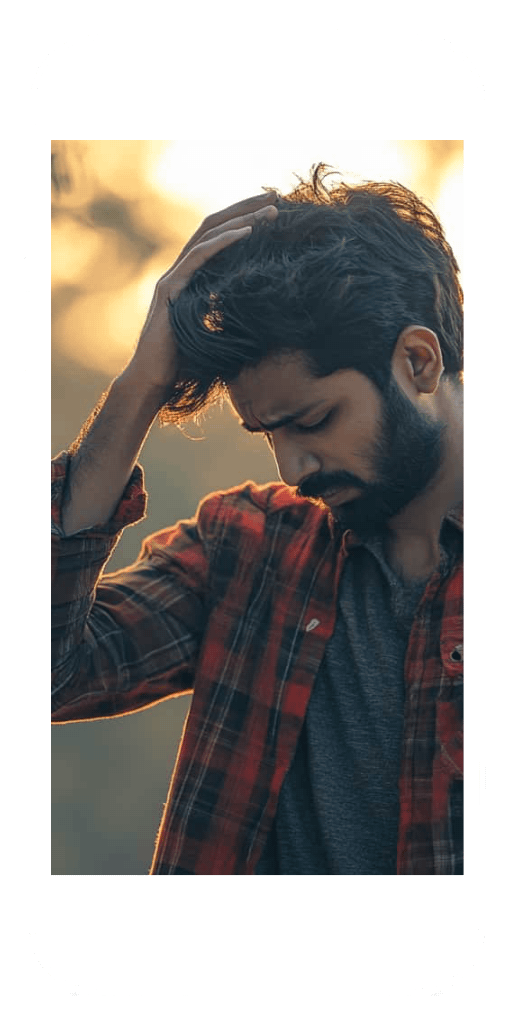 A man in a plaid shirt holding his head in concern, outdoors at sunset — online depression counseling.