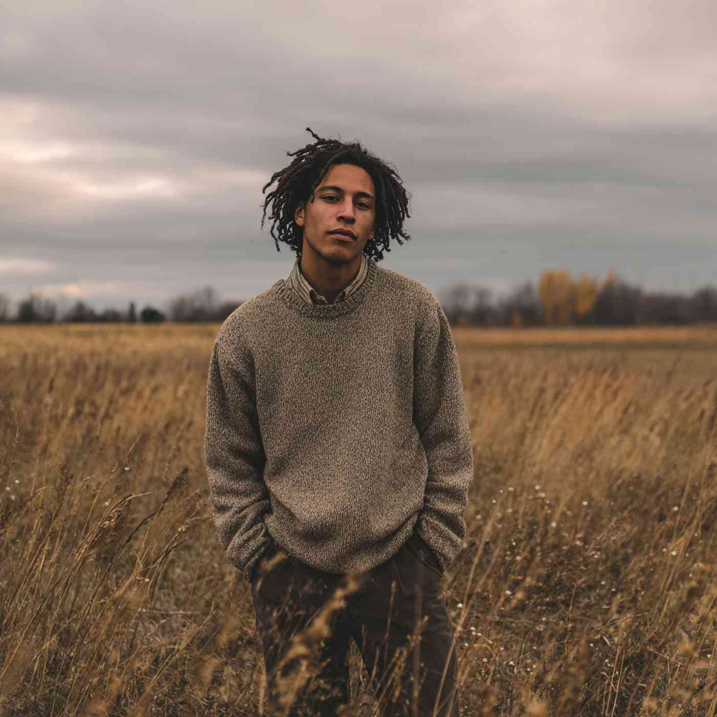 A young man standing in a field under cloudy skies, reflecting the need for online drug addiction treatment.