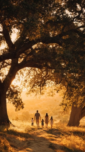 A family walking together under a large oak tree at sunset, symbolizing connection and growth in online family therapy.