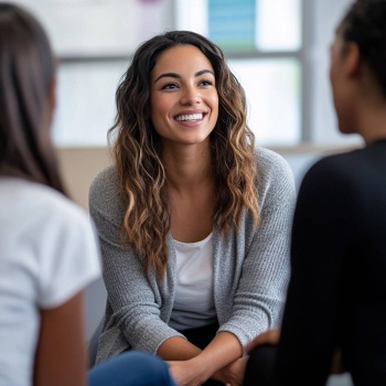 Group session with a smiling counselor, showing the benefits of online personality disorder counseling.