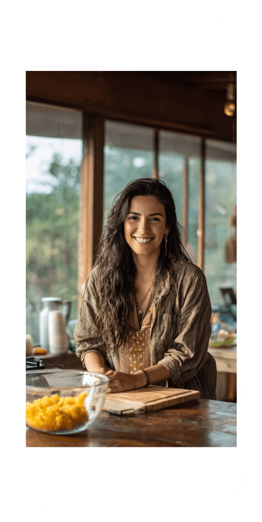 Smiling woman in a cozy home setting, symbolizing comfort and support for ADHD counseling.