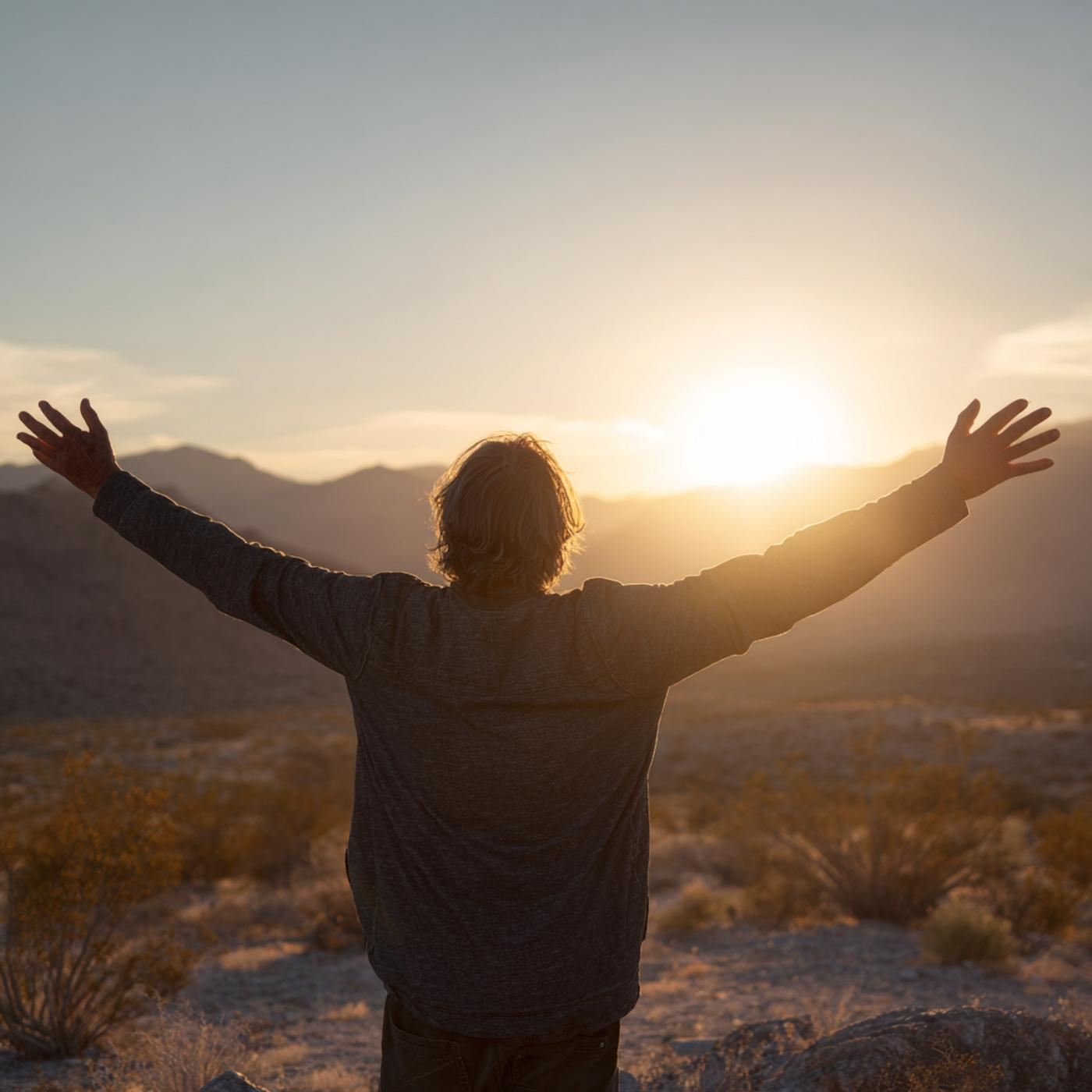 A man stretching arms toward the sunrise in the desert, symbolizing renewal and strength with online bipolar counseling.
