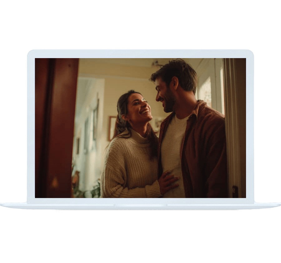 A smiling couple embracing at home, symbolizing warmth and connection in online couples counseling.