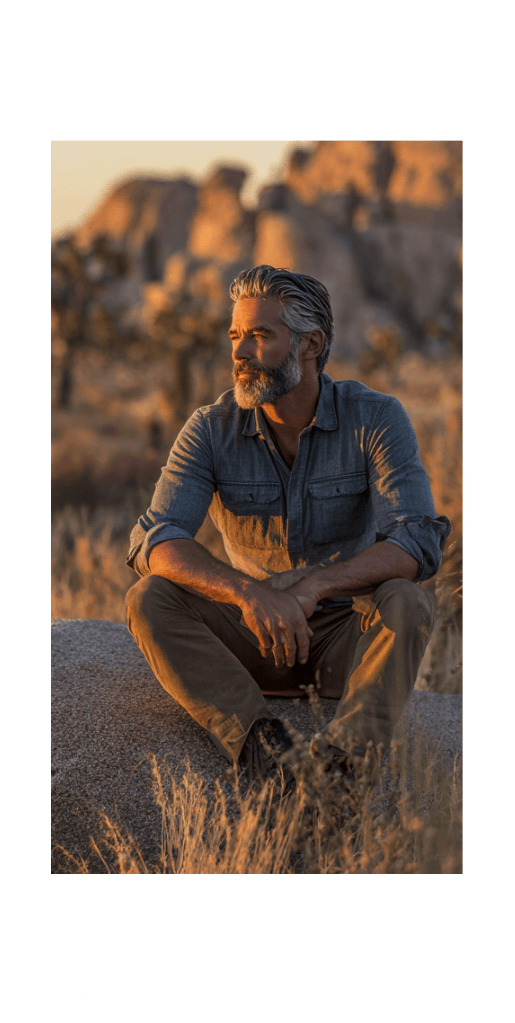 Man sitting on a rock in the desert at golden hour, finding calm and balance with online OCD counseling.